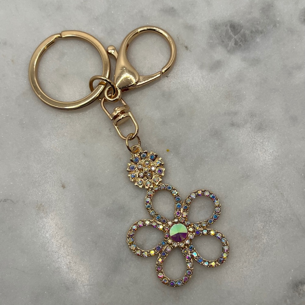 Crystal Flower Keychain Bag Charm AB Rhinestone Gold Tone Charm New Accessory